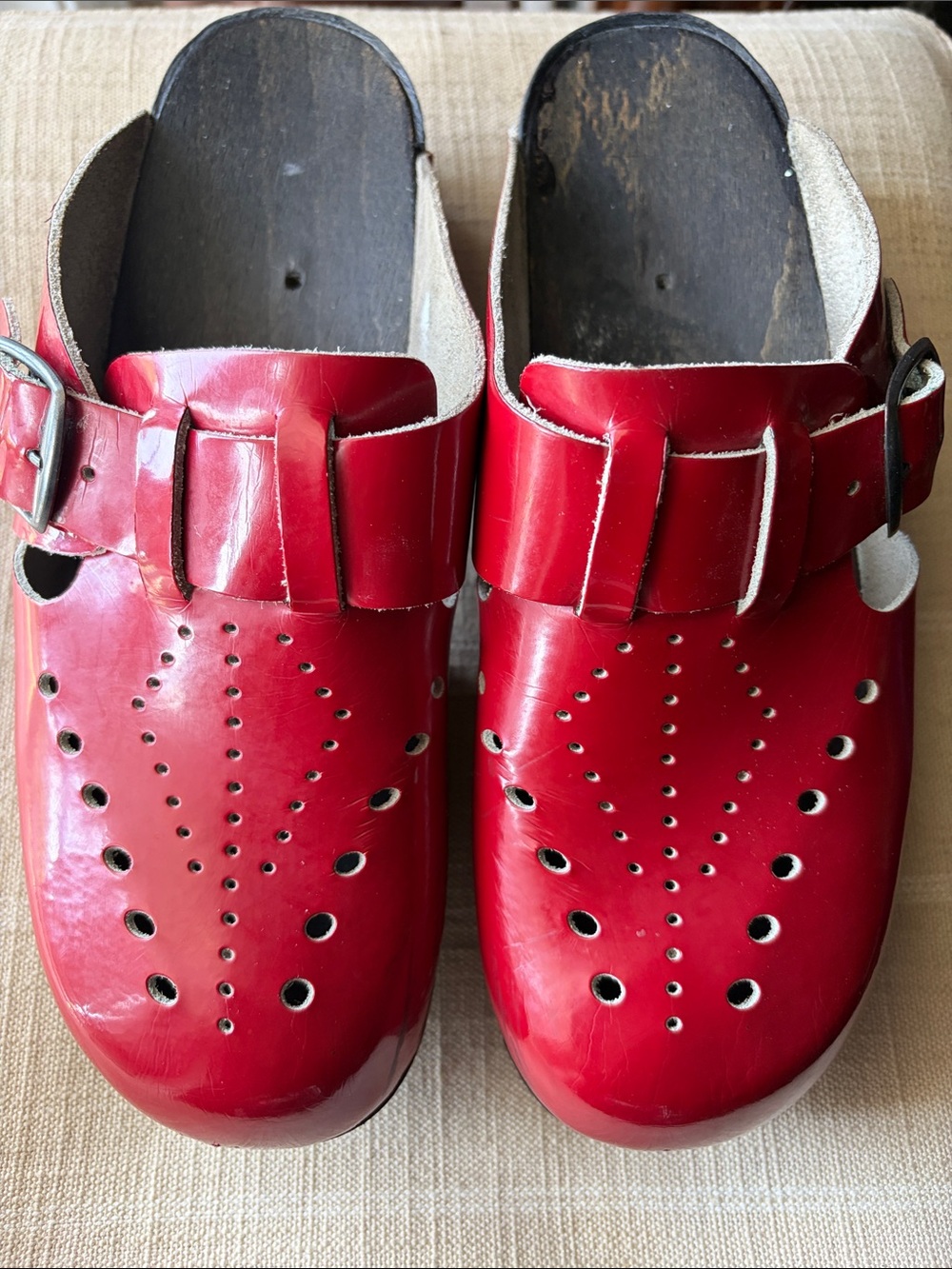Red Leather Slip-On Clogs with Buckle